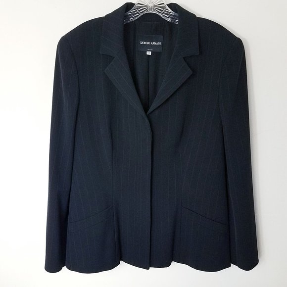 Giorgio Armani Size 14 Navy Blue Pin Lama Wool Blend Blazer Suit Coat Jacket - Picture 1 of 16